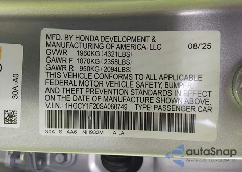 2025 Honda Accord Lx z USA, uszkodzony, nr VIN 1HGCY1F20SA060749